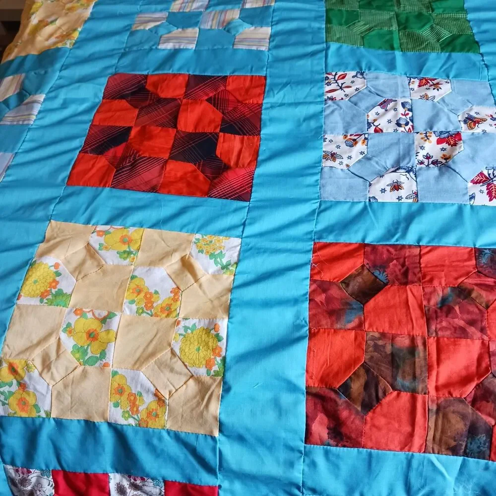 Handmade Bow Tie Quilt Top Hand Pieced Unfinished 95x71